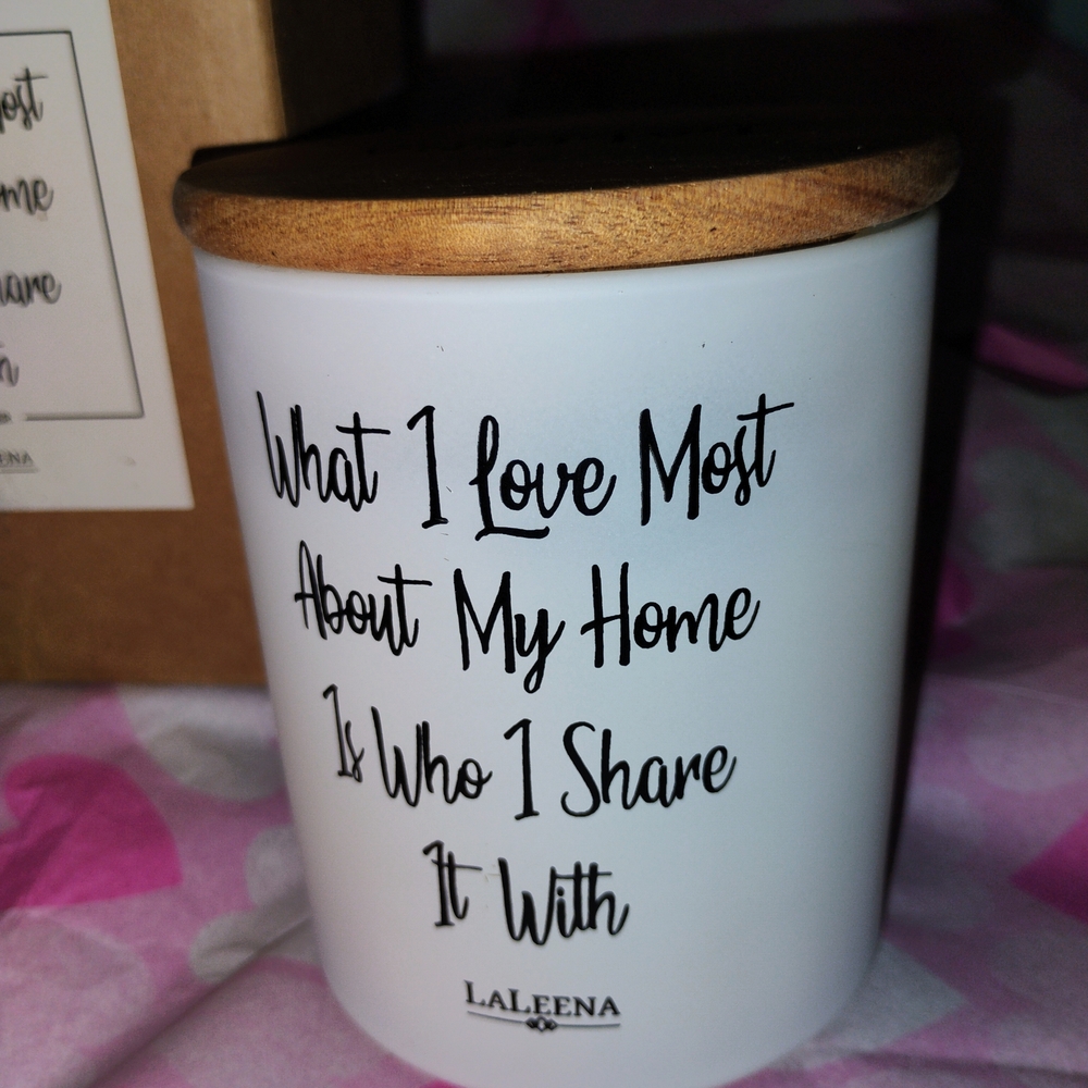 White Decorative Candle Jar with Wood Lid - "What I Love Most" 15 oz Soy 🪻